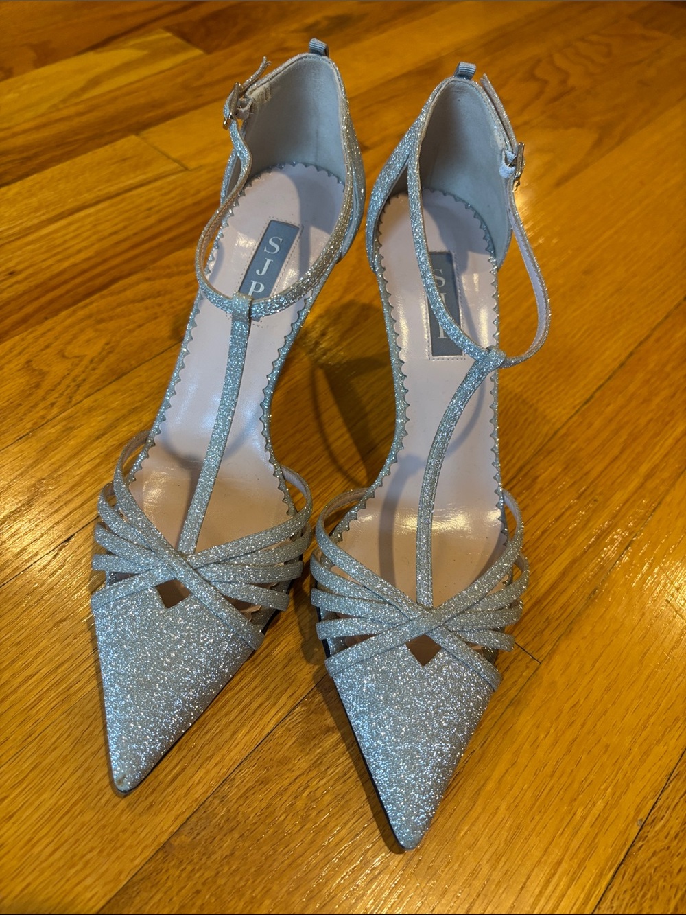 SJP Carrie shoe Silver Glitter Pointed Toe Ankle-Strap Pumps